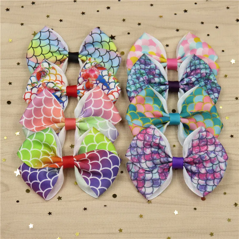 8PCS/LOT Pretty Fish Scale Barrettes for Children Sequin Girls Ribbon Elastic Hair Bands Bows Accessories Best Friend Gift |