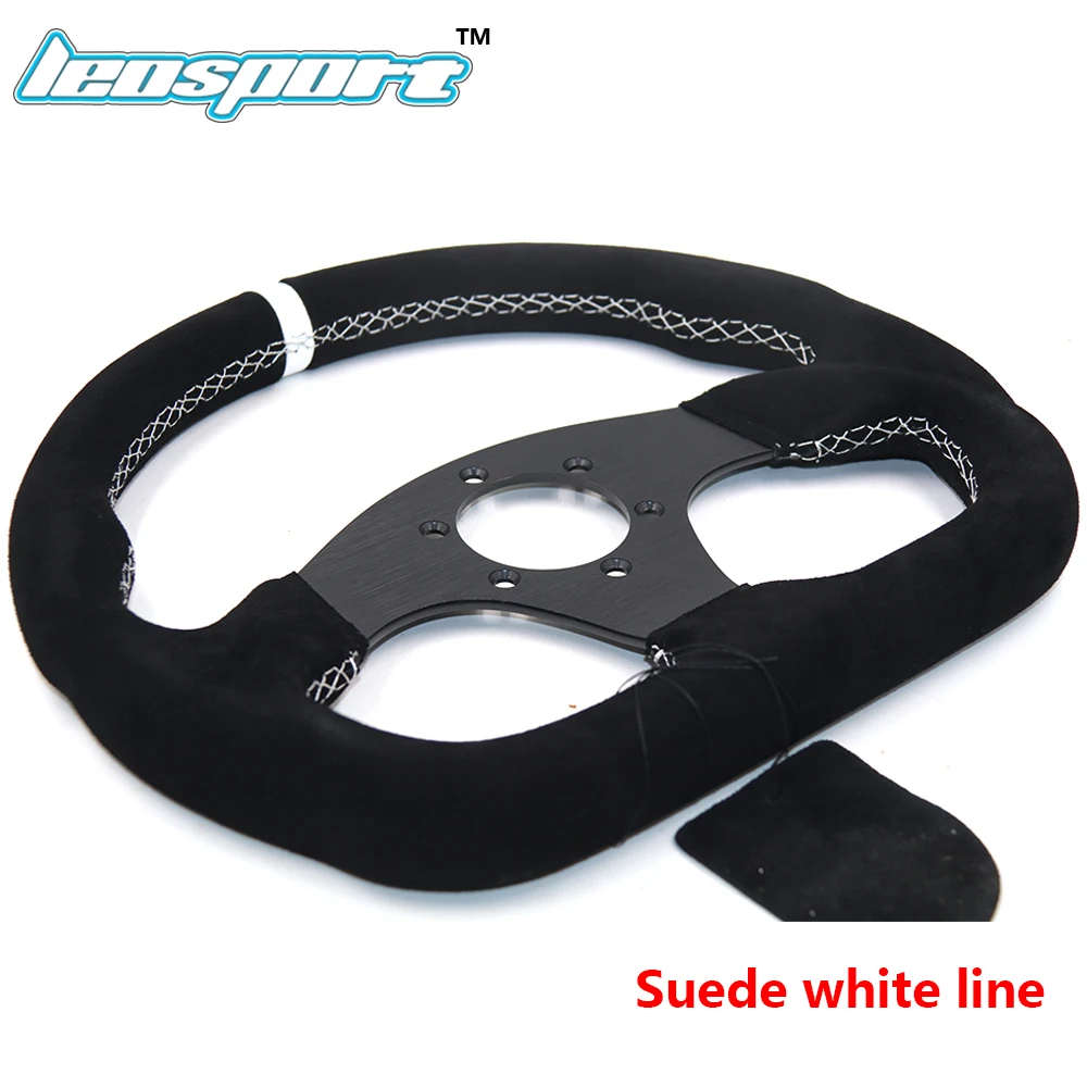 Регулируемое рулевое колесо 33 см из замши и кожи с белой линией плоское гоночное