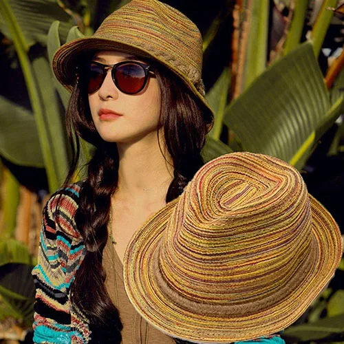 

New Arrival Women Summer Bohemia Style Straw Hats Foldable Striped Braided Rope Beach Sun Hat