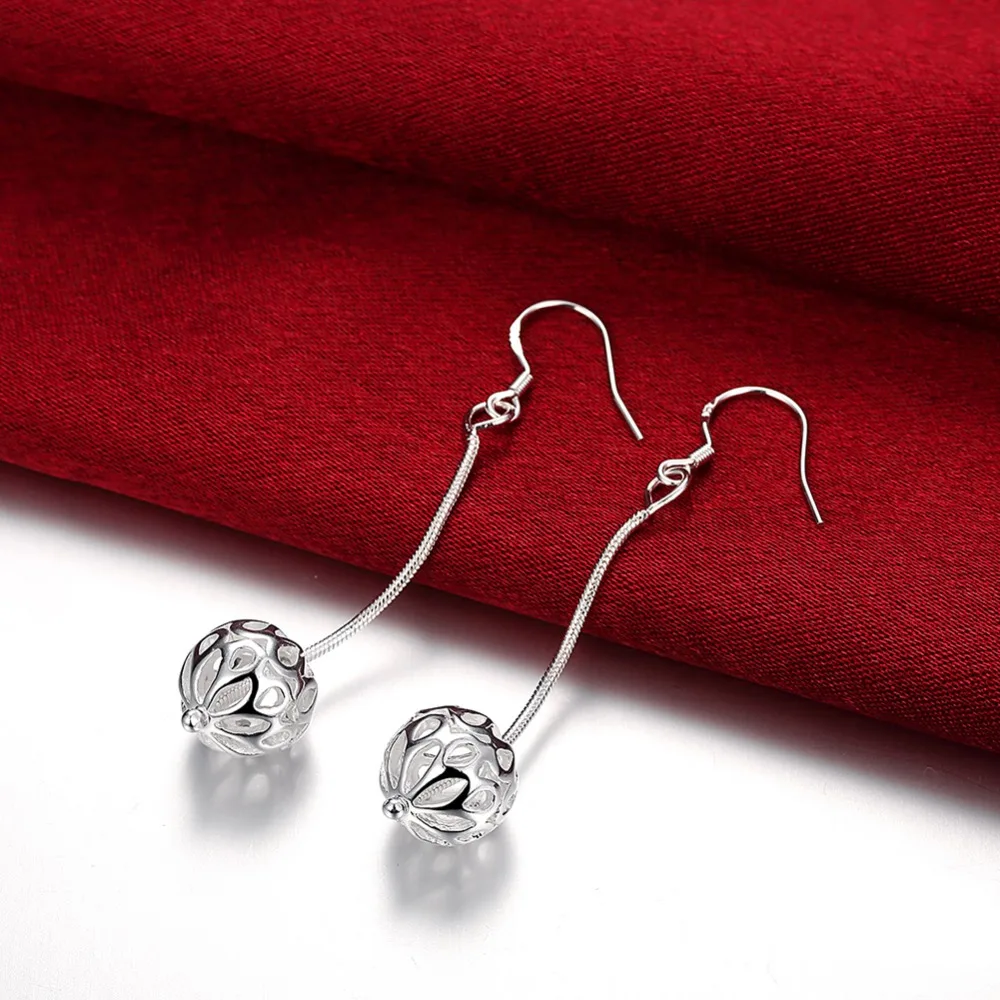 925 Серебряные серьги змея цепи висит полый шарик Мода мяч кисточка полоса Для