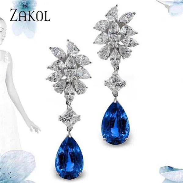 Blue ZAKOL классические Висячие Серьги капли воды кубический циркон Свадебные украшения для женщин обручение FSEP659 - Окраска металла: Blue
