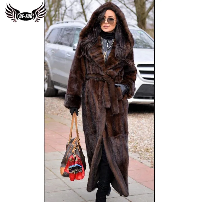 BFFUR Winter Coat With Hood Real Mink Fur Outerwear 2022 New Arrival Leather Jacket Women Warm Casual Gothic Dress Genuine Coats