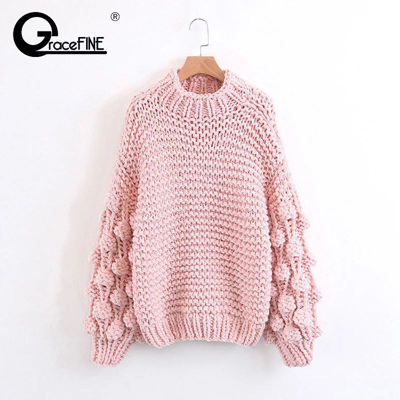 2018 Women Winter Handmade Knitted Sweater Thick Knit Casual Outwear Warm Coats Gray Lantern Sleeve Pullover Jumper | Женская одежда