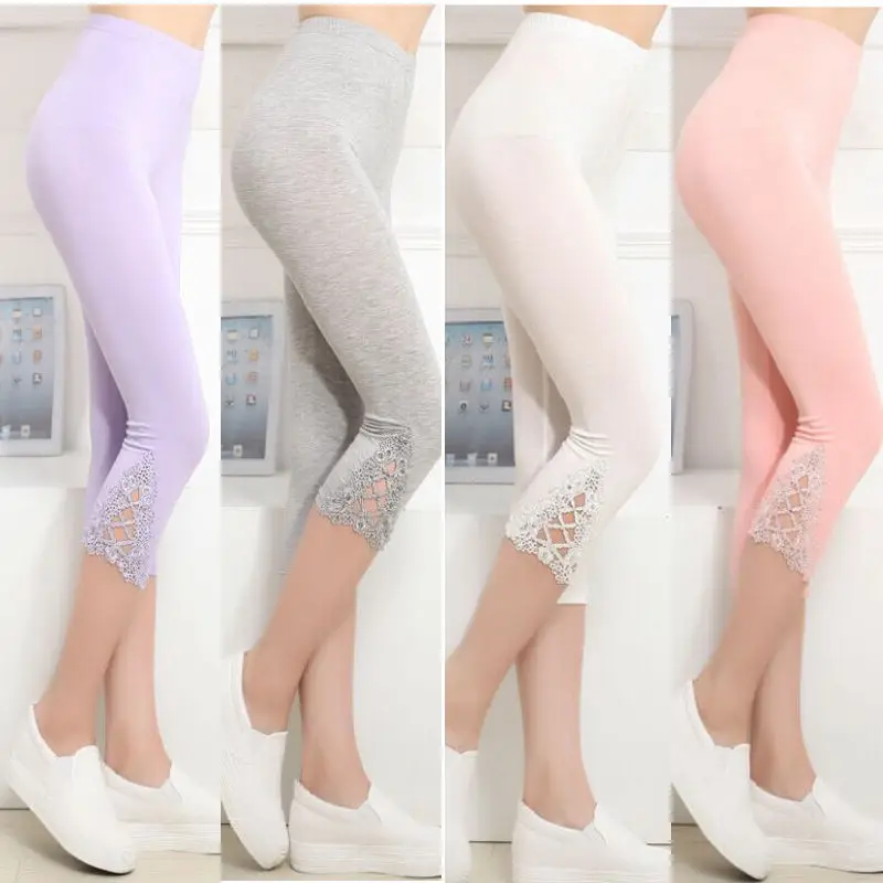 

Women Summer Lace Pants Crochet Skinny Stretch Cropped Leggings Trousers Capris Pants 3/4 Length Leggings Summer Pants 5 Colors