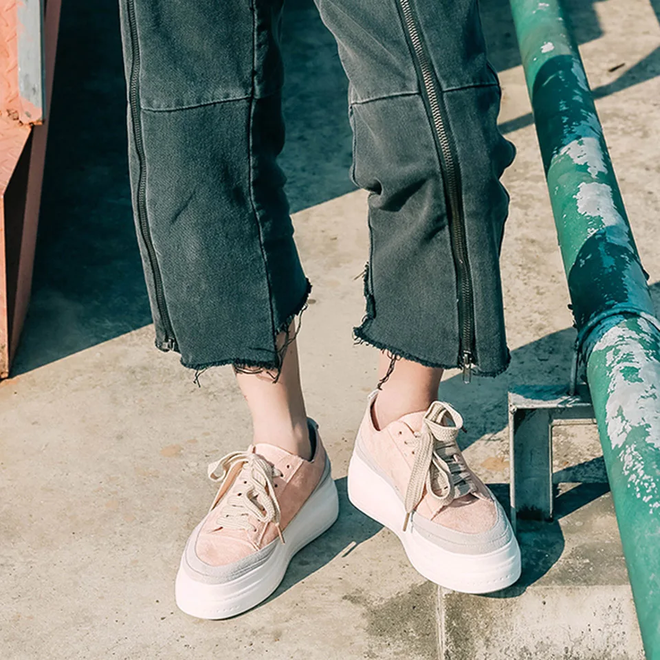 Японская школа розовый зашнуровать замша Толстая подошва Круглый носок лифт желтый женщин Harajuku криперы обувь на платформе плоские Muffin последние весенняя осень красивая отправка капель Мода европейская