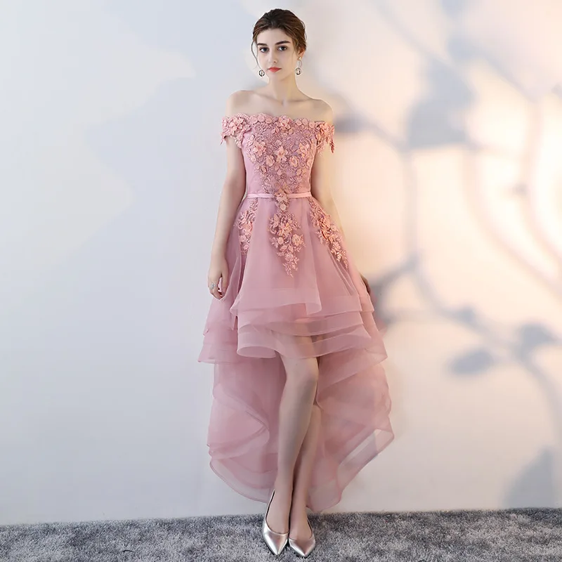 

Sweet Boat Neck Beading Flower Lace Up Vestidos De Festa Off The Shoulder Ruffles High Low Evening Dresses Prom Party Gown