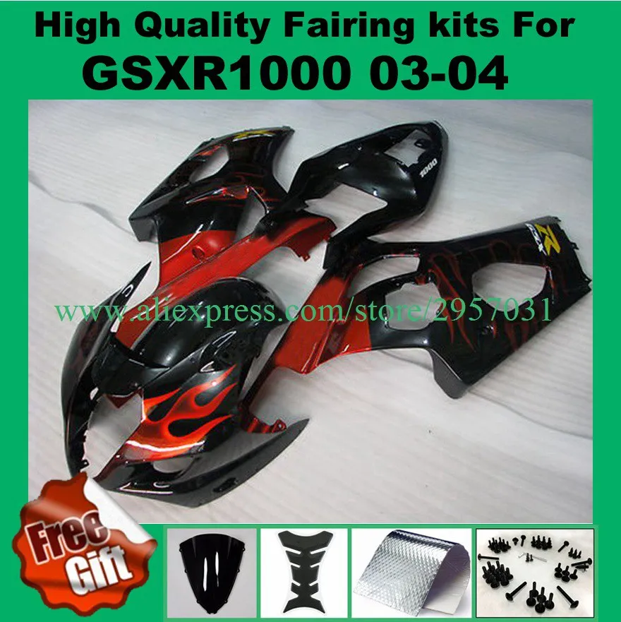

100%Fit Injection fairings for SUZUKI K3 K4 GSXR1000 2003 2004 GSX-R1000 GSXR 1000 03 04 fairing kits red flame black bodywork