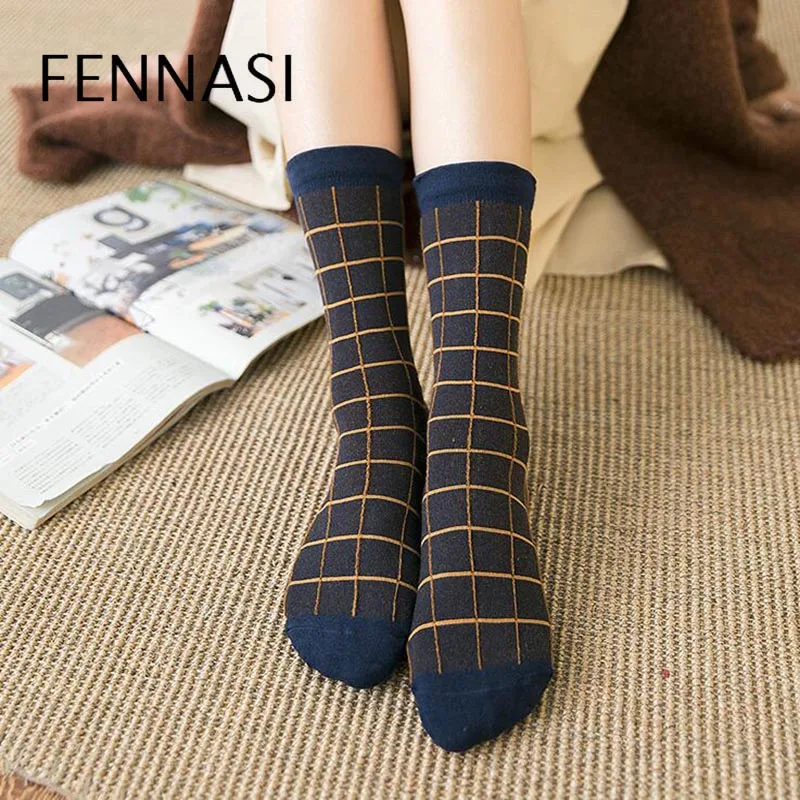 FENNASI 5 пар Харадзюку женские хлопковые носки Модные клетчатые с принтом