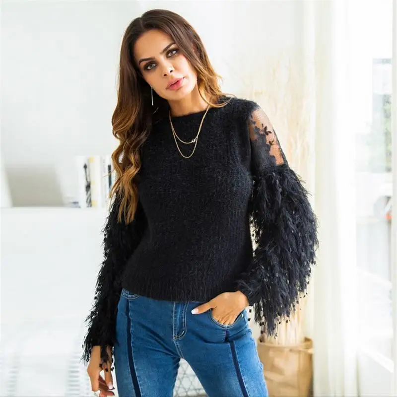 Фото iSHINE 2018 New Fringed Plush Sleeves Perspective Lace Stitching Sweater Autumn And Winter Warm Women's Top Женская одежда iSHINE 2018 New Fringed Plush Sleeves Perspective Lace Stitching Sweater Autumn And Winter Warm Women's Top Женская одежда
