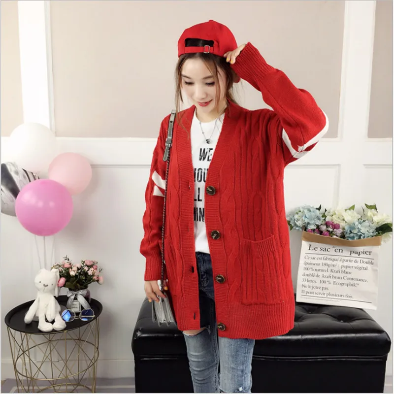 2018 трикотажный длинный кардиган свитер женский Осень Зима толстый полосатый