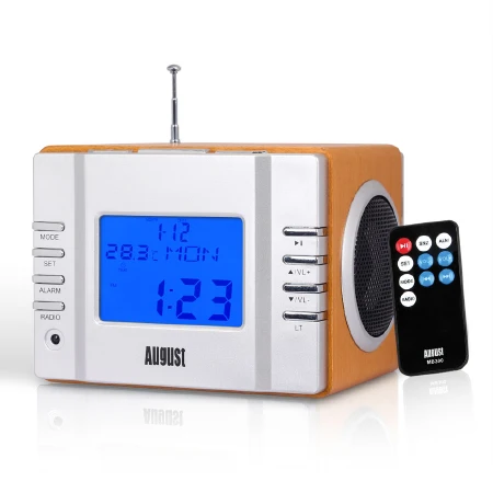 Gold with EC August MB300 деревянная мини стереосистема MP3 и FM радиочасы с SD картридером, разъемами USB и AUX(3.5 мм аудиовход), двумя громкими Hi-Fi динамиками, со встроенным аккумулятором и пультом управления - Цвет: Gold with EC