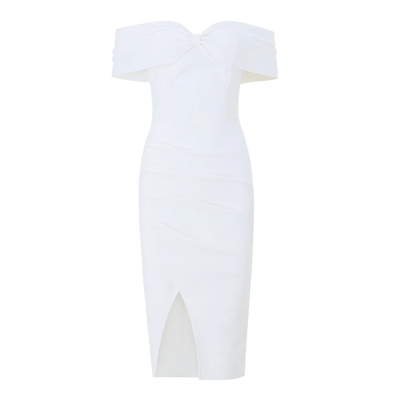 Женское облегающее платье с открытыми плечами INDRESSME однотонное коротким рукавом