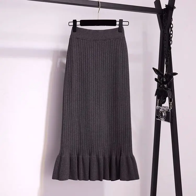 Vangull Women long sweater skirt Winter female ruffle midi pleated skirts maxi knitted high waist warm elegant Saias Jupe Femme - Цвет: Gray for 65cm