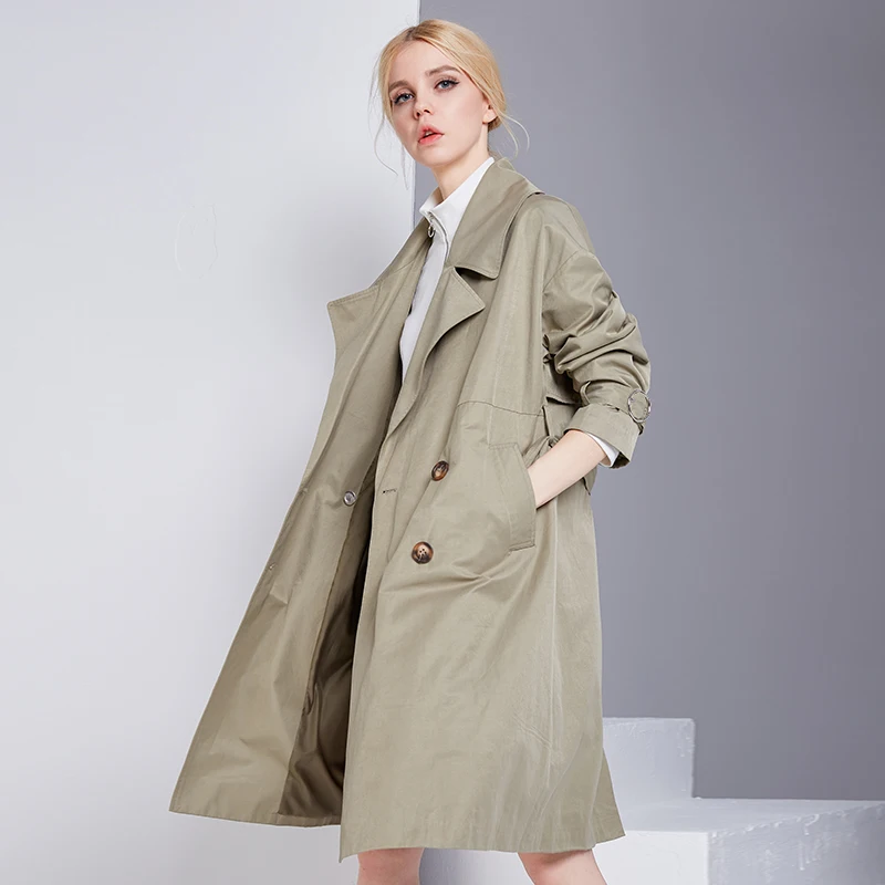 Autumn Winter Trench Coat With Belt for Women Leader Adjustable Waist And Sleeve Slim Solid Green Thin Waterproof | Женская одежда