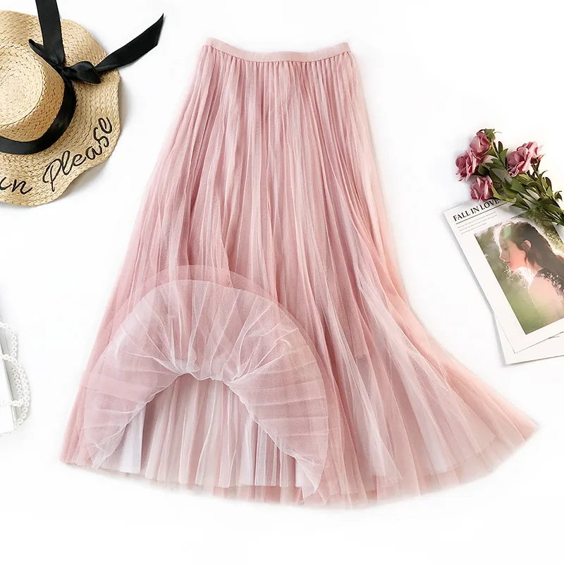 Small fresh Tulle Skirts Womens 2019 Summer Long Midi Skirt Female Elastic High Waist Pleated Tutu Saia | Женская одежда