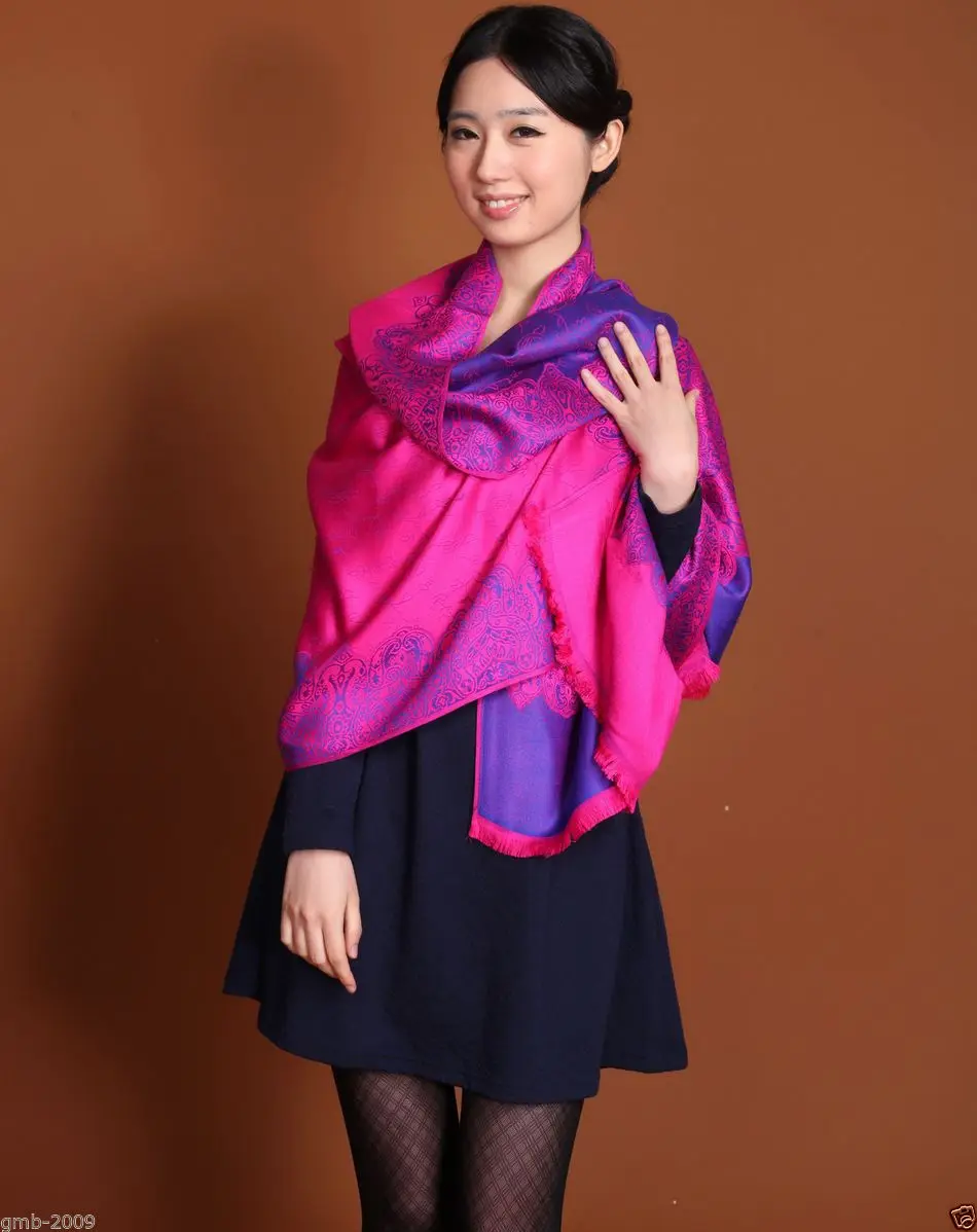 Elegant Women's Fuchsia Double Side Floral Pashmina Silk Warm Shawl Scarf | Аксессуары для одежды