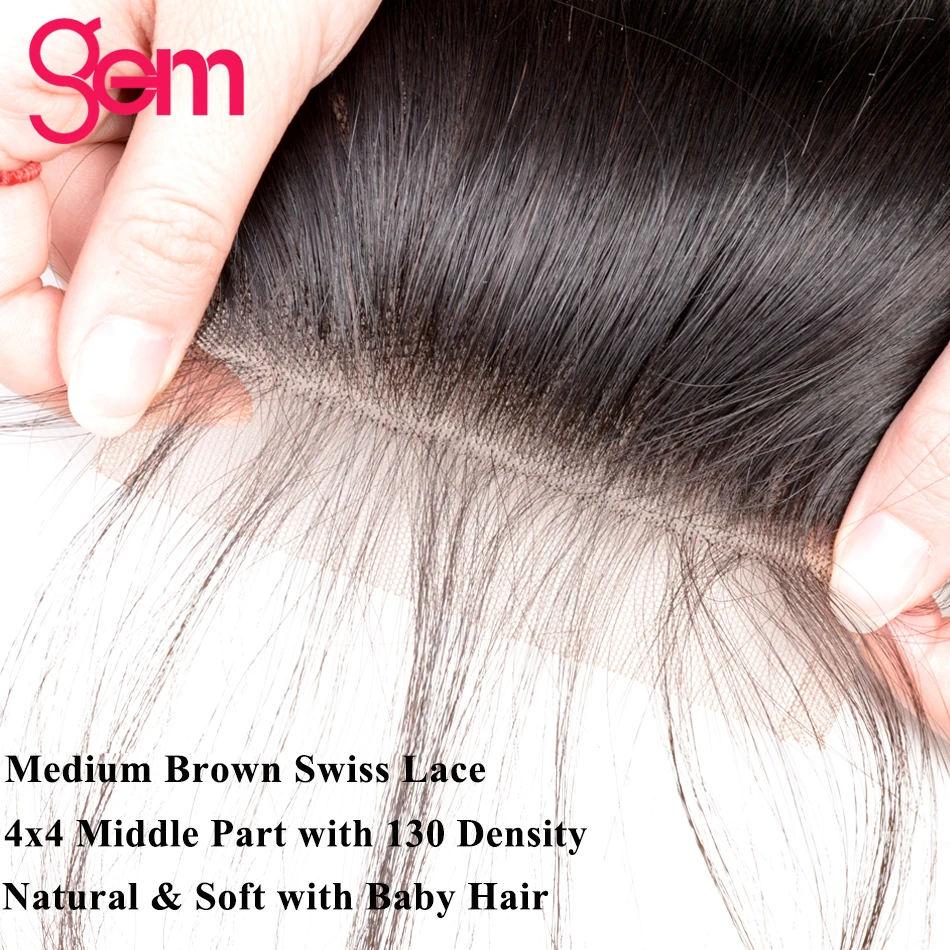 Бразильские прямые волосы пучки с закрытием 4 натуральные GEM beauty Non remy наращивание