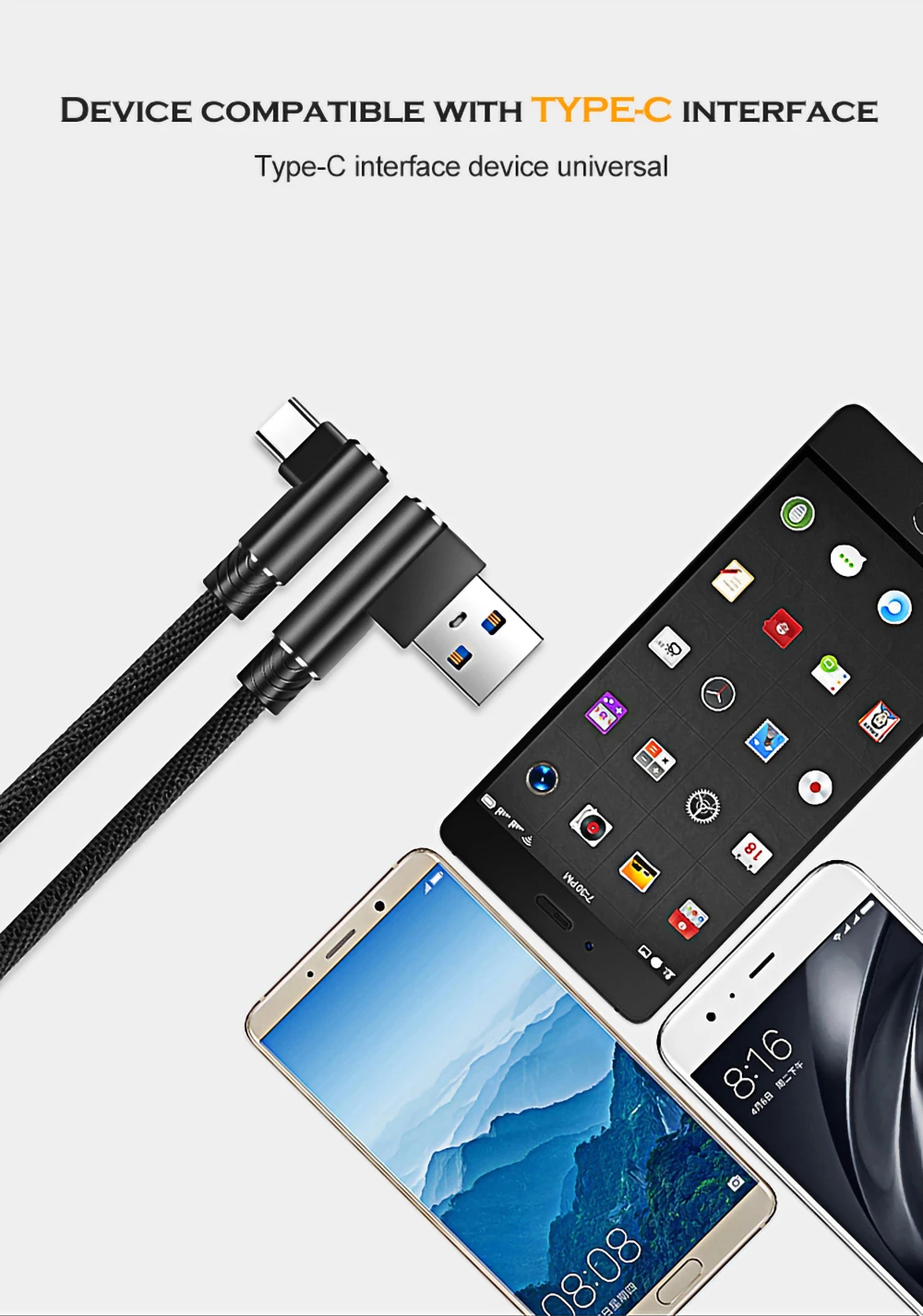 Кабель USB type C, 90 градусов, зарядный кабель для samsung S9 S10 S8 2A, быстрое зарядное устройство, кабель для передачи данных для Xiaomi Mi 9 huawei P30 P20 Mate20