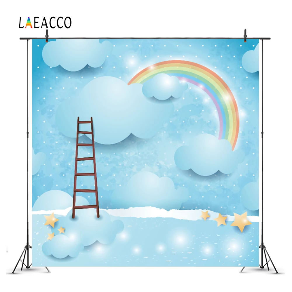 

Laeacco Rainbow Birthday Party Ladder Shiny Star Cloud Baby Cartoon Portrait Photographic Background Photo Backdrop Photo Studio