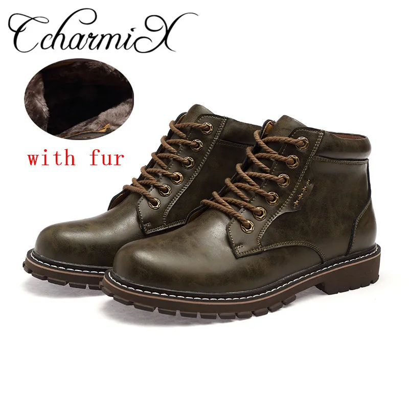 brown with fur CcharmiX/мужские теплые зимние ковбойские ботинки с мехом; кожаные ботильоны; мужские осенние водонепроницаемые рабочие ботинки; повседневная мужская обувь - Цвет: brown with fur