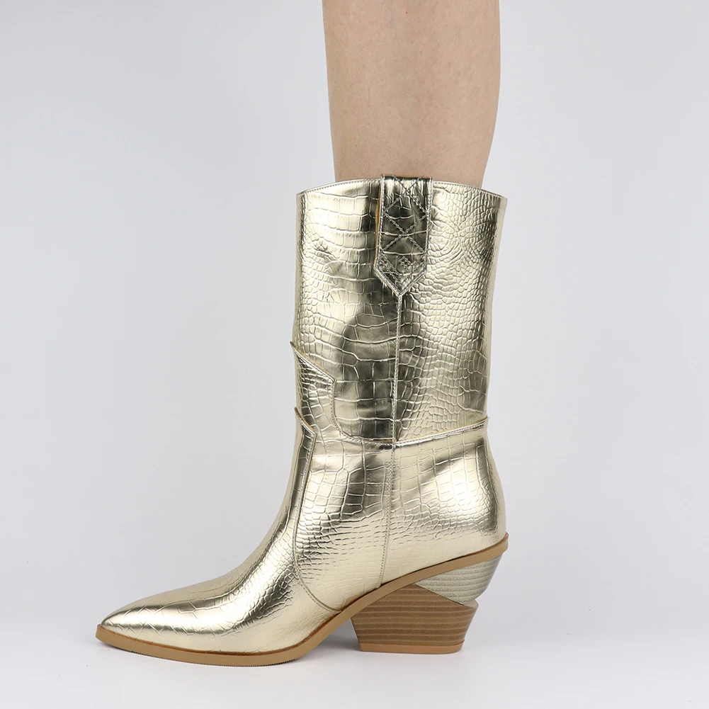 High Quality Brand Gold Winter Plus Size 46 Vintage Square Heels Woman Mid-Calf Boots women's Shoes Western Boots Shoes Women