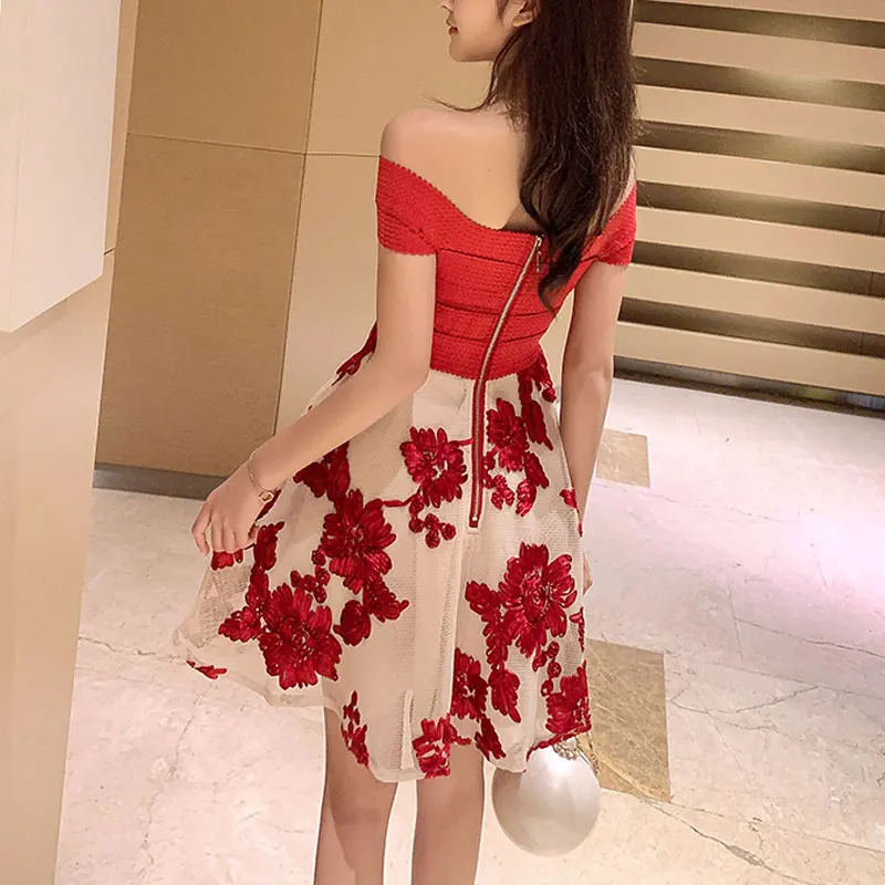 

High Waist Sexy V-Neck Floral Embroidery Knitted Red Black Summer Dress Women Elegant Short Sleeve A-Line Vintage Dresses 2019