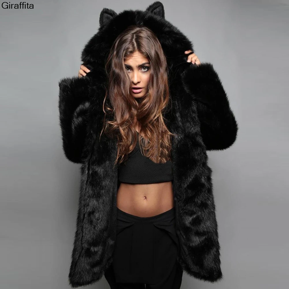 

Female Faux Fox Fur Coat Lady Ears Cartoon Hooded Plush Jacket Faux Rabbit Fur Artificial Fur Outwear Fashion