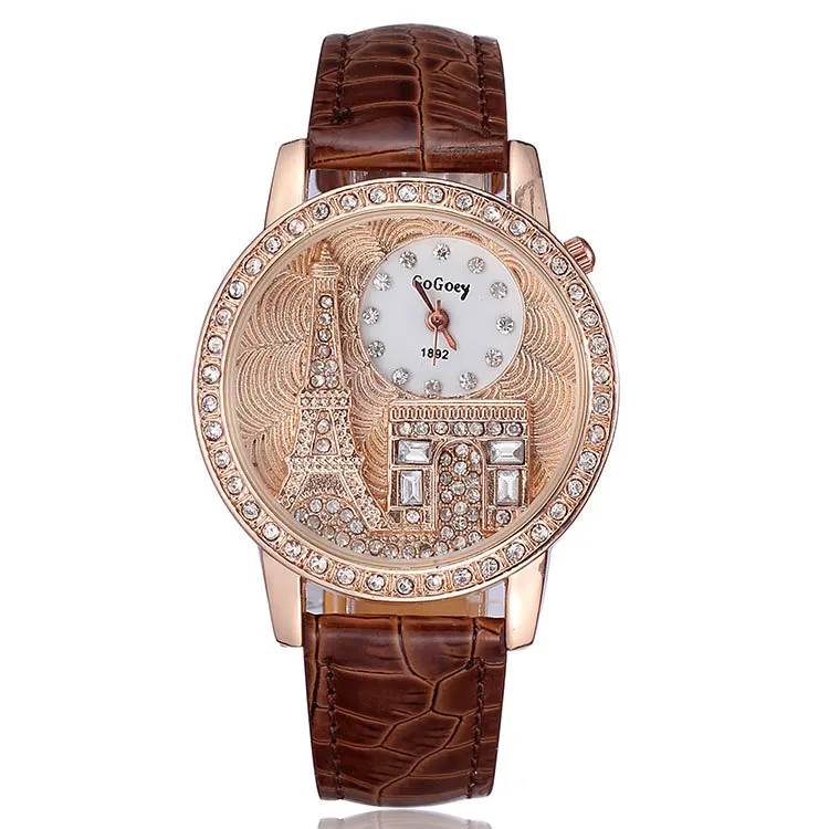 2014 Fashion watch quartz analog alloy Effiel Tower design big case crystal diamonds women leather strap wristwatches | Наручные часы