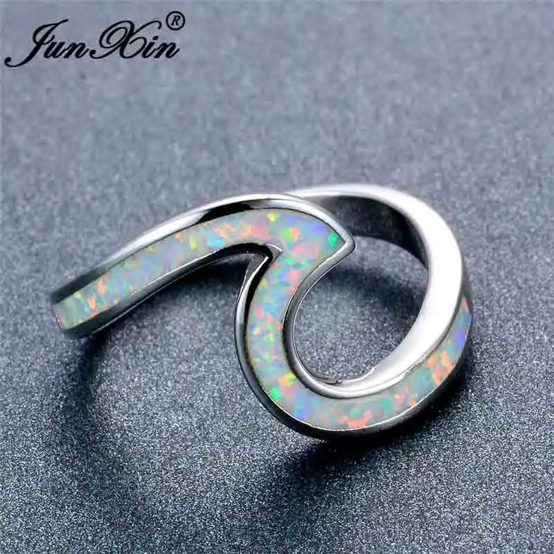 Silver White Opal JUNXIN Женский Мужской волна кольца для мужчин и женщин 925 серебряный черный однотонный цвет розовое золото Синий Розовый Фиолетовый Белый огненный опал кольцо свадебный подарок - Цвет основного камня: Silver White Opal