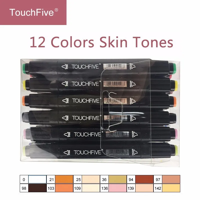 12 Skin Tones Black Touchfive 12/24 цветов кожи набор тонов на спиртовой основе чернильные ручки, маркеры для рисования для художника портретная иллюстрация Рисование товары для рукоделия - Цвет: 12 Skin Tones Black