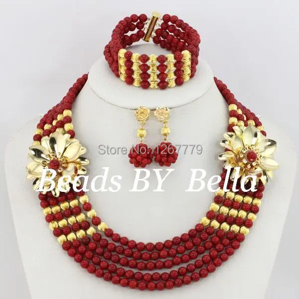 

Pretty Bridal Sets 5 Rows Party Jewelry Set New Red Coral Beads Nigerian Wedding African Beads Jewelry Set Free Shipping ABS133