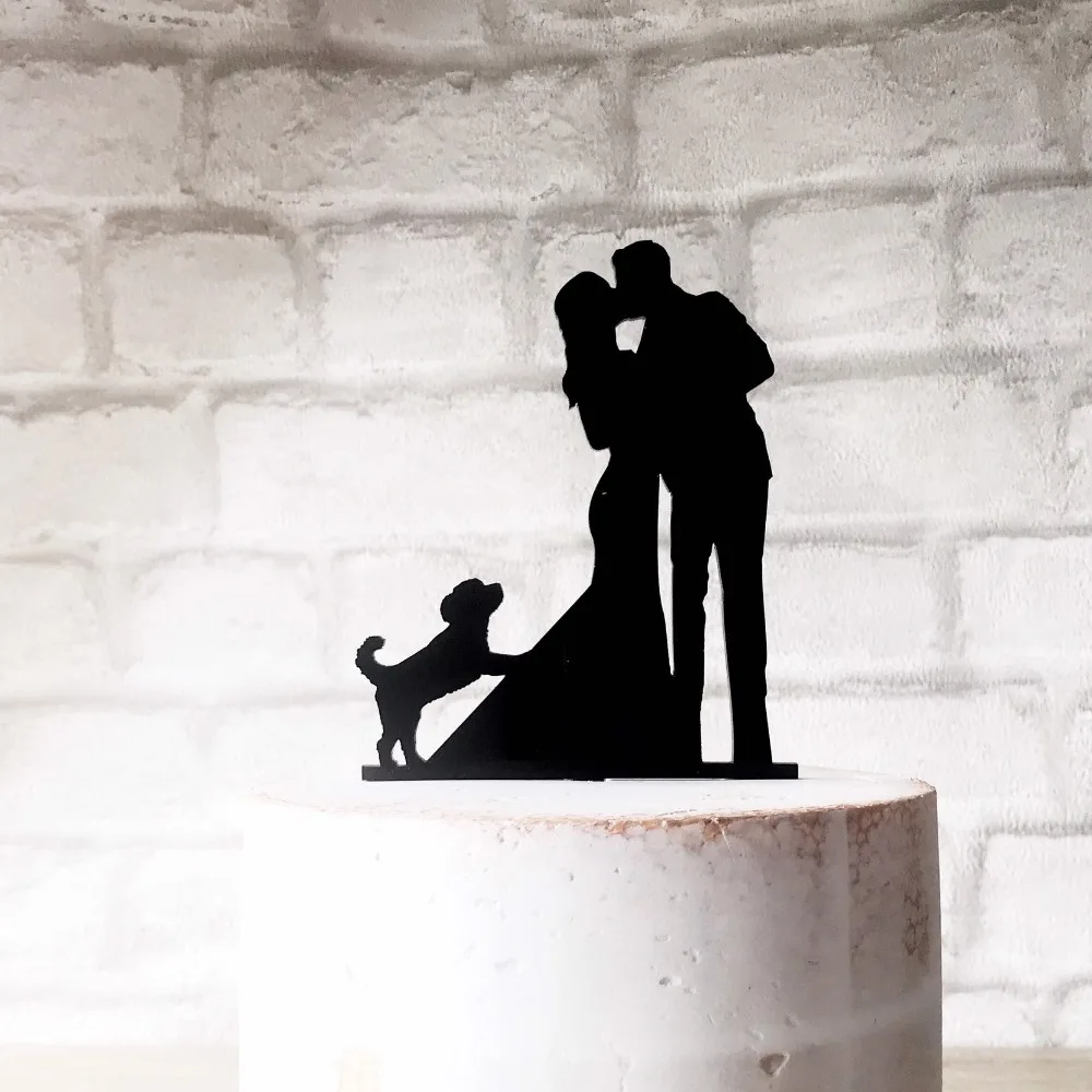 Mr and Mrs свадебный торт Топпер, невеста и жених с собакой силуэт для вершины торта, пара и собака Свадебные материалы для украшения тортов
