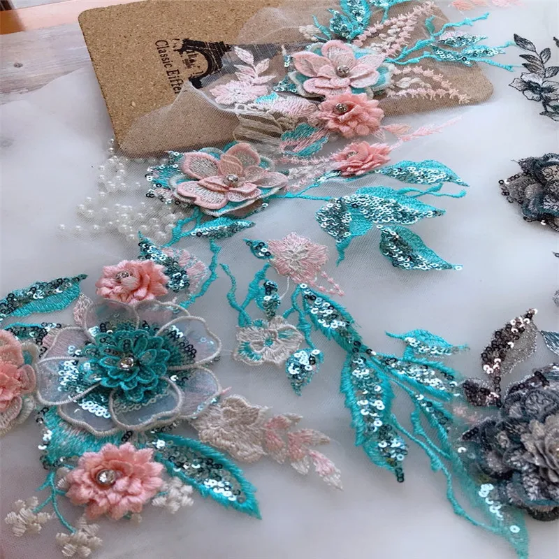 1 piece Turquoise applique Sequins rhinestone embellishments flower 3D lace blue pink | Дом и сад