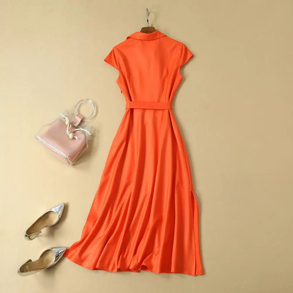 European Style 2019 Summer Runway Clothes Turn Down Collar Short Sleeve Solid Long Dress Empire Sashes Sexy Slit Women Dresses Женская