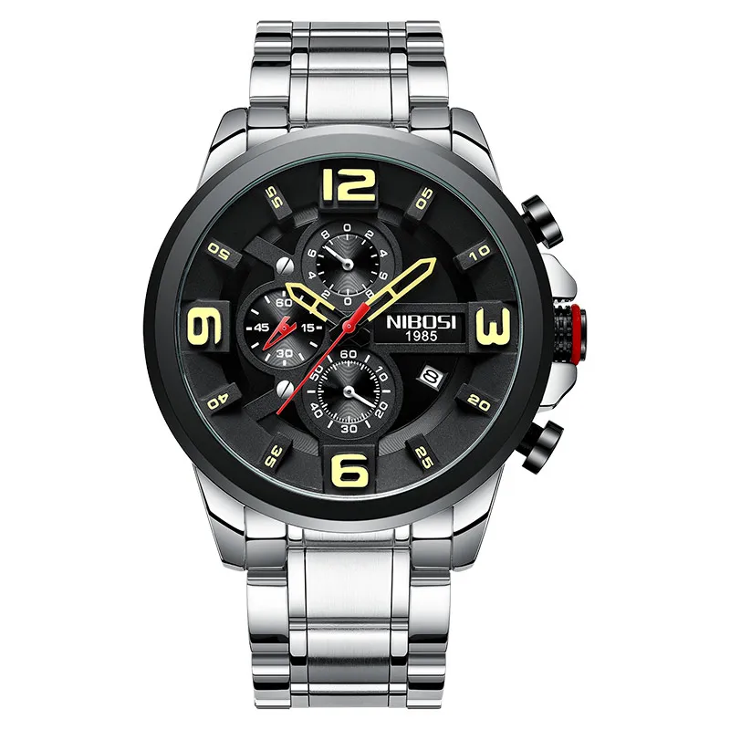 silver black green s NIBOSI Reloj Hombre мужские часы Топ бренд Роскошные спортивные часы для мужчин часы люксовый бренд водонепроницаемые полностью стальные - Цвет: silver black green s