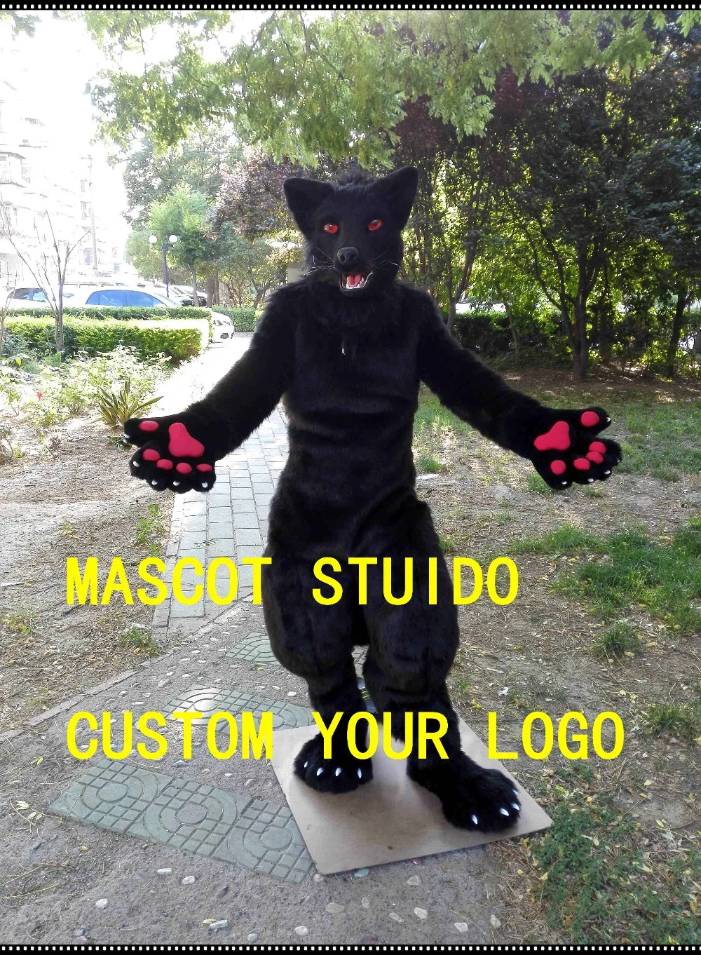 Черный волк fursuit движущаяся челюсть digigrade нога 3d следующие глаза собака костюм