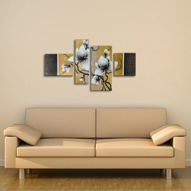 

Modern Hand Painted Beautiful White Flower Oil Painting On Canvas Wall Art Pictures For Living Room Home Decor 4 Panel Unframe