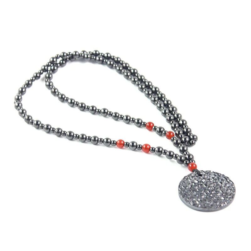

Magnetic Hematite Beaded Round Pendant Necklace Fashion Long Necklace with Red Onyx for Men and Women Handmade