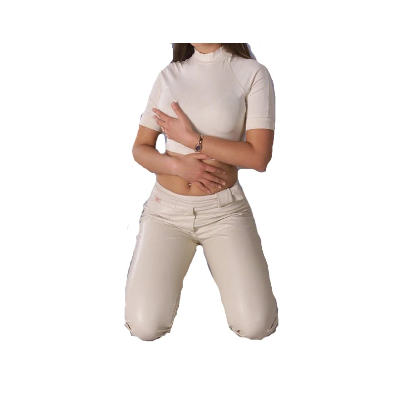 Новый стиль 100% латексный женский костюм сексуальный модный белый топ и брюки