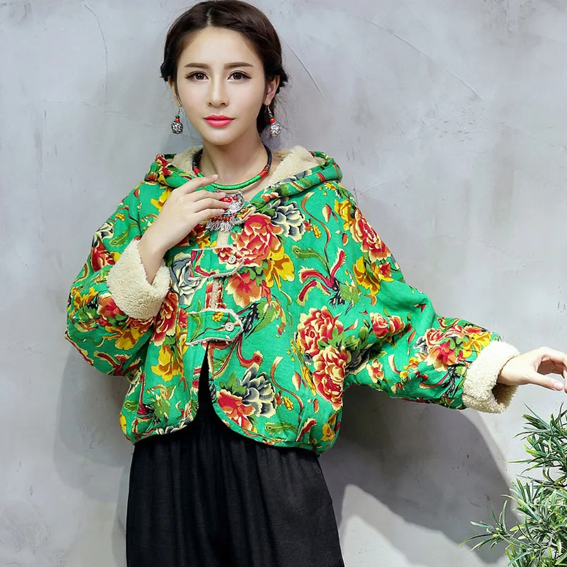 2019 Traditional Chinese Style Women Thick warm Short Coat Autumn Retro Button Printed Long Sleeve Cotton Linen cc470 | Женская одежда