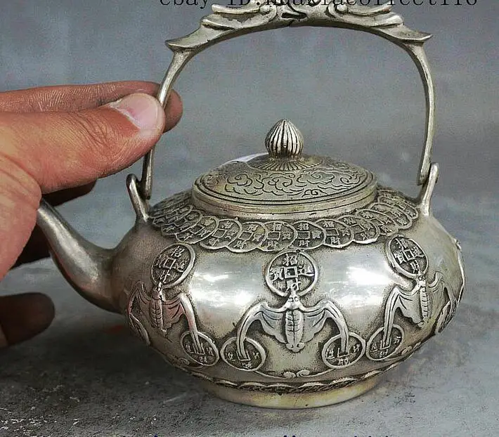 Помеченный Китайский серебряный богатство летучая мышь монета фу голова зверя