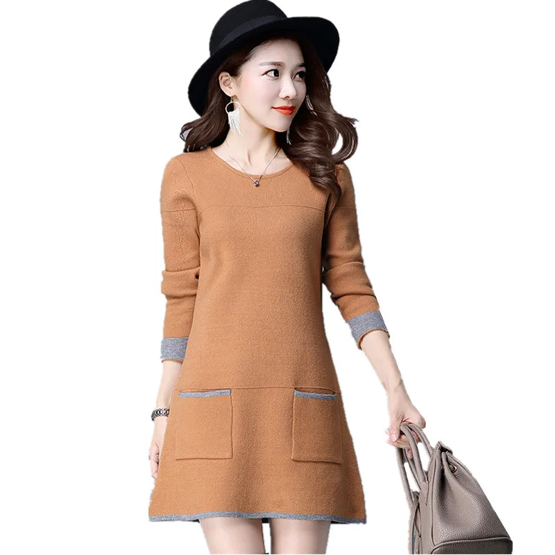 Женское трикотажное платье свитер с длинным рукавом и круглым вырезом|bodycon