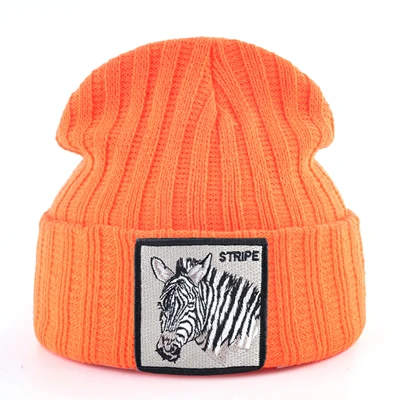 Orange Вязаные шапки бини для мужчин Осень Зима Skullies бини с вышивкой нашивка-Зебра модная вязанная шляпа для женщин хип-хоп Gorras - Цвет: Orange