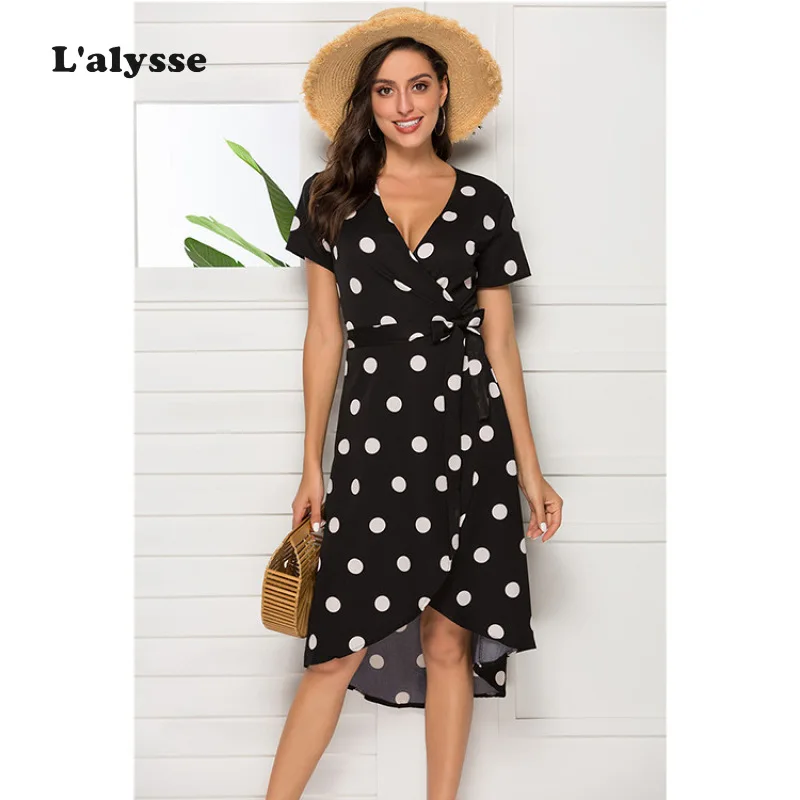 Женское винтажное платье LALYSSE элегантное в черный горошек с v образным вырезом