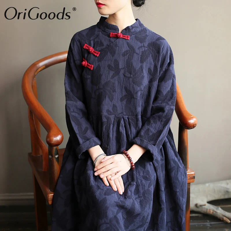 OriGoods Long sleeve Women Dress Chinese style Spring Autumn 2019 Plus size Vintage Cotton Linen Elegant A397 | Женская одежда