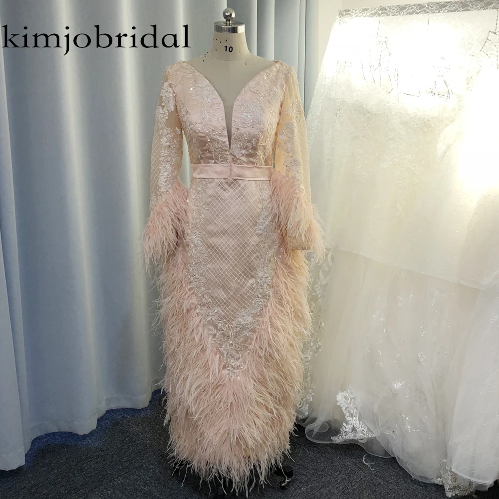 Платья с перьями для выпускного вечера Настоящее фото длинное платье рукавами