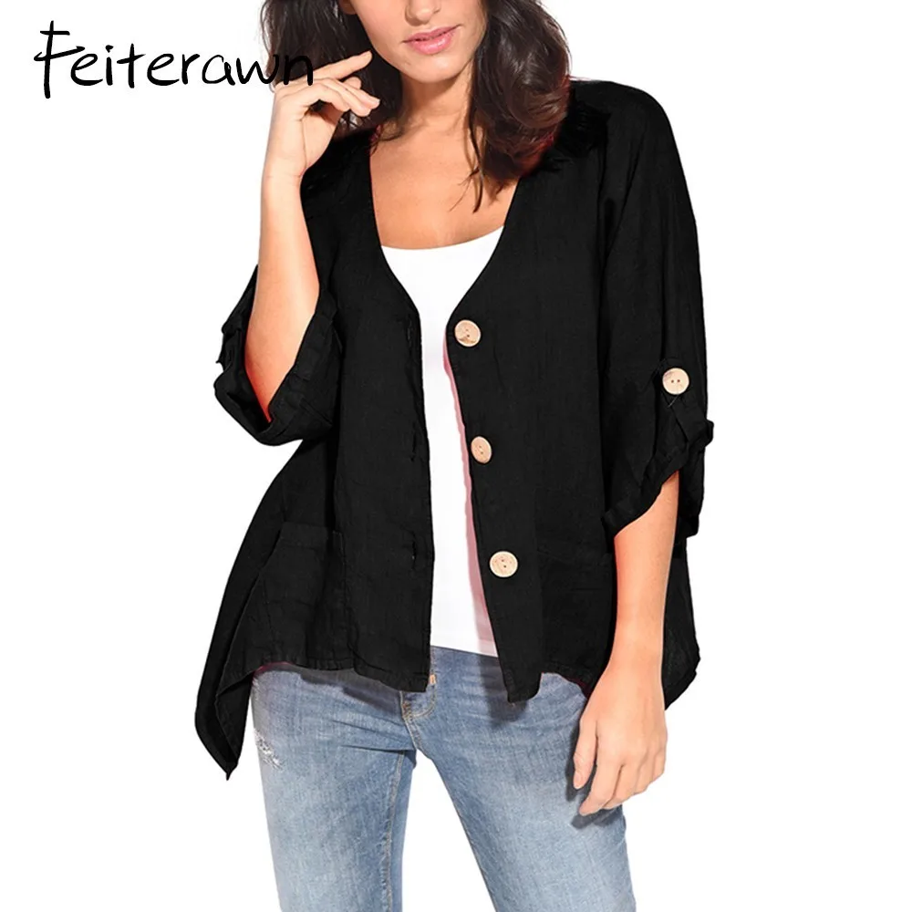 Feiterawn Roll Tab Sleeve и пуговицы спереди Для женщин Повседневная рубашка кардиганы три
