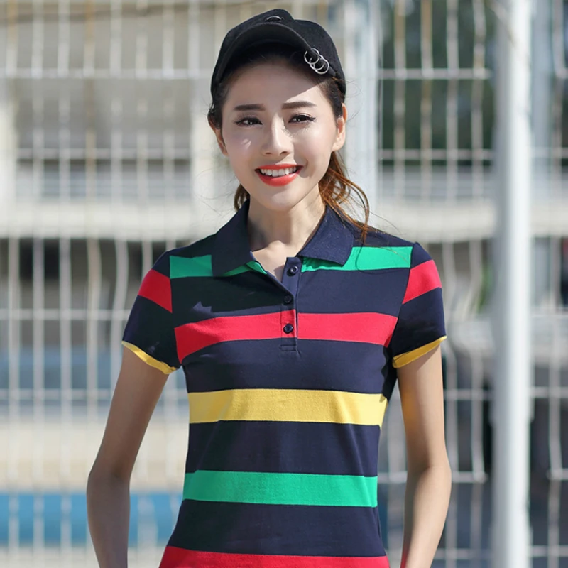

Plus Size Women's Polo Shirt Summer New Ladies Short Sleeve Shirt Cotton Women Tops Girls Clothes Slim Striped Plus Size Shirt