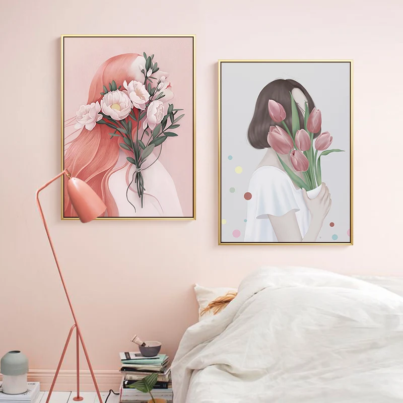 Nordic Hand painted beautiful girl Canvas Painting Prints Posters figures flowers Pictures for Living Room Morden home Decor Дом и сад