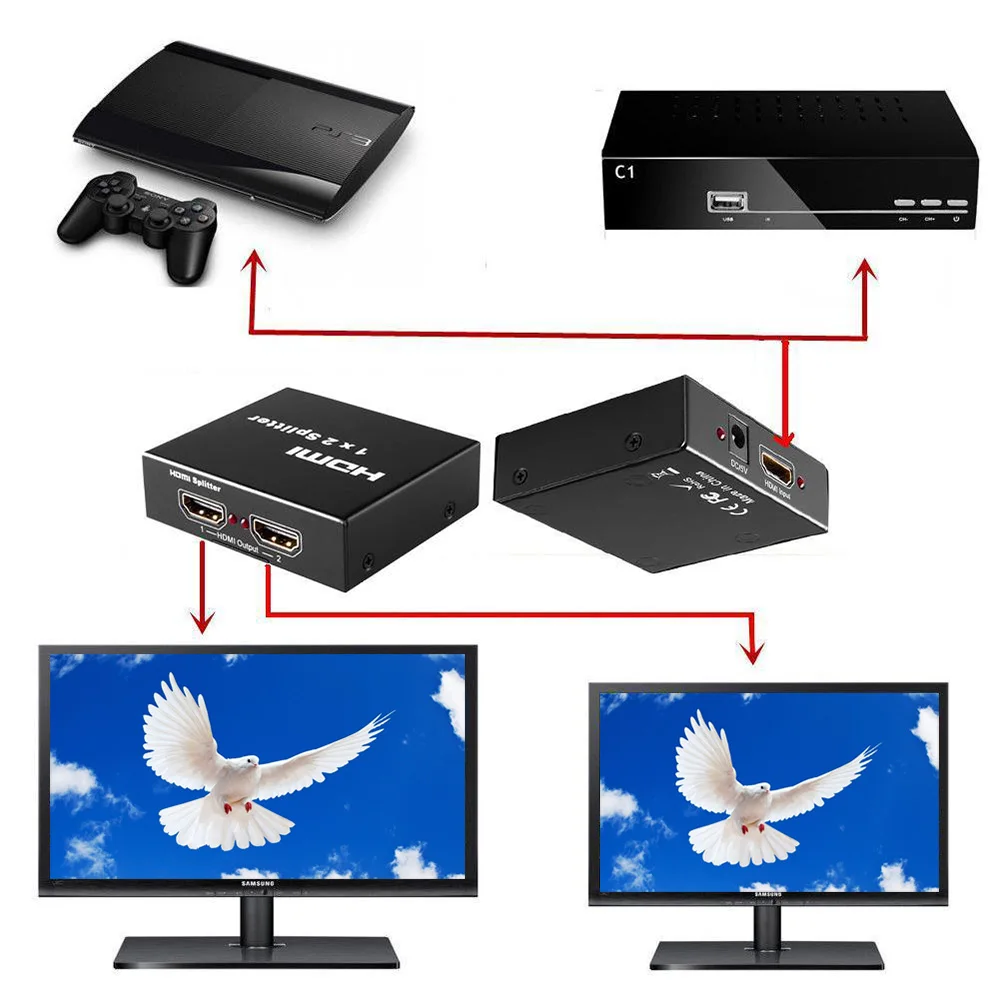 1 в 2 выхода HDMI сплиттер усилитель HDCP 1080P двойной дисплей для HDTV DVD PS3 Xbox|hdmi in hdmi|hdmi